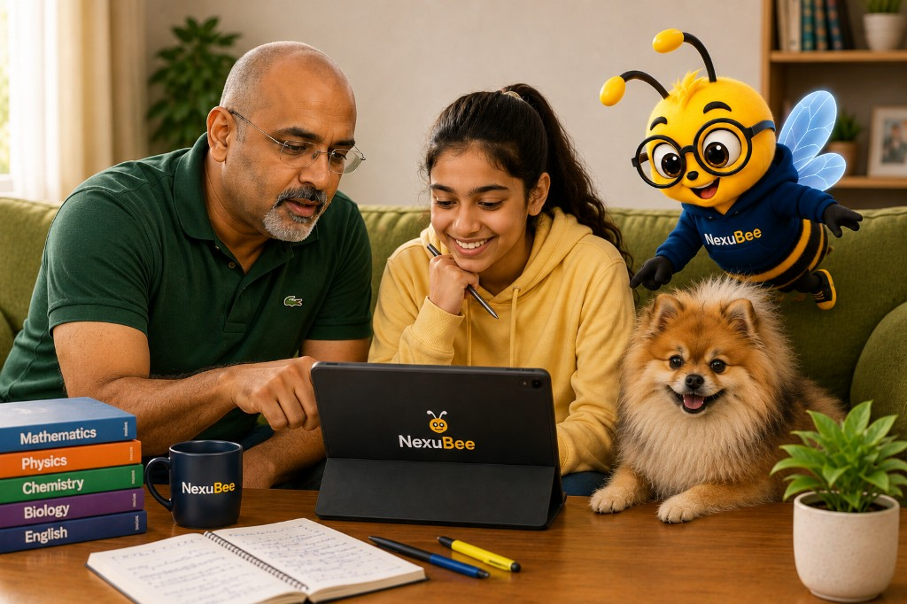 Father and daughter learning together at home with NexuBee — less study stress, more family time