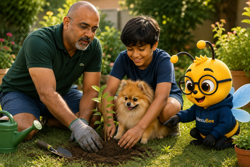 Father and son gardening together — NexuBee helps families reclaim relaxed time outdoors