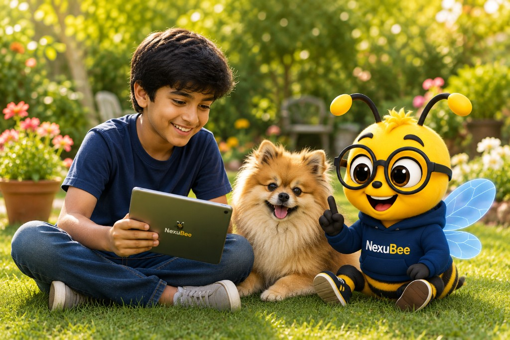 Student learning outdoors with NexuBee on a tablet — study anywhere, at your own pace
